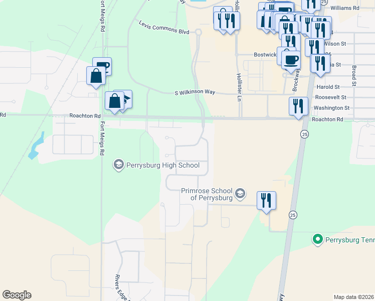 map of restaurants, bars, coffee shops, grocery stores, and more near 3173 Steeple Chase Lane in Perrysburg