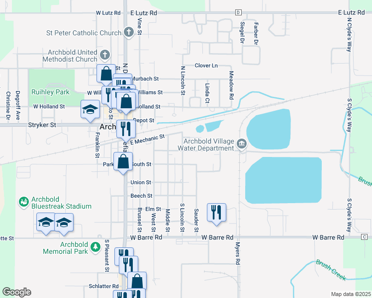 map of restaurants, bars, coffee shops, grocery stores, and more near 109 South Lincoln Street in Archbold