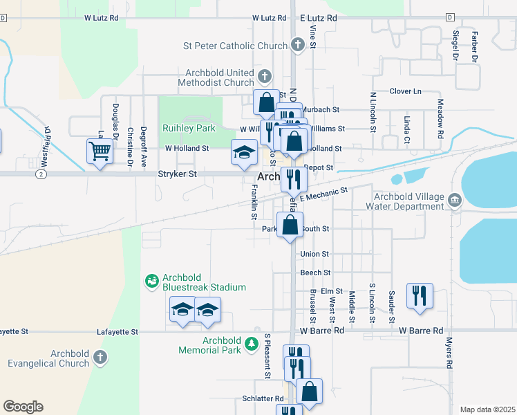map of restaurants, bars, coffee shops, grocery stores, and more near 205 West Mechanic Street in Archbold