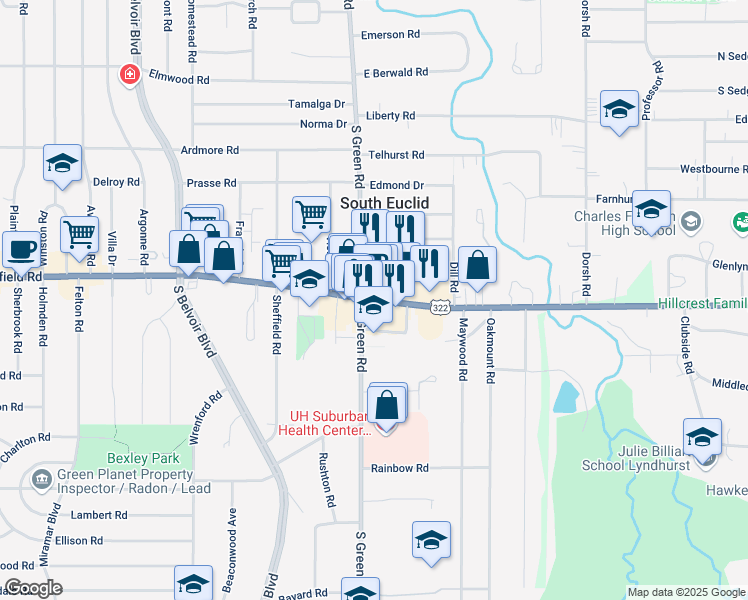 map of restaurants, bars, coffee shops, grocery stores, and more near 4473 Mayfield Road in Cleveland