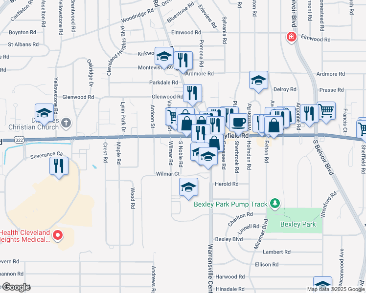 map of restaurants, bars, coffee shops, grocery stores, and more near 1469 South Noble Road in Cleveland Heights