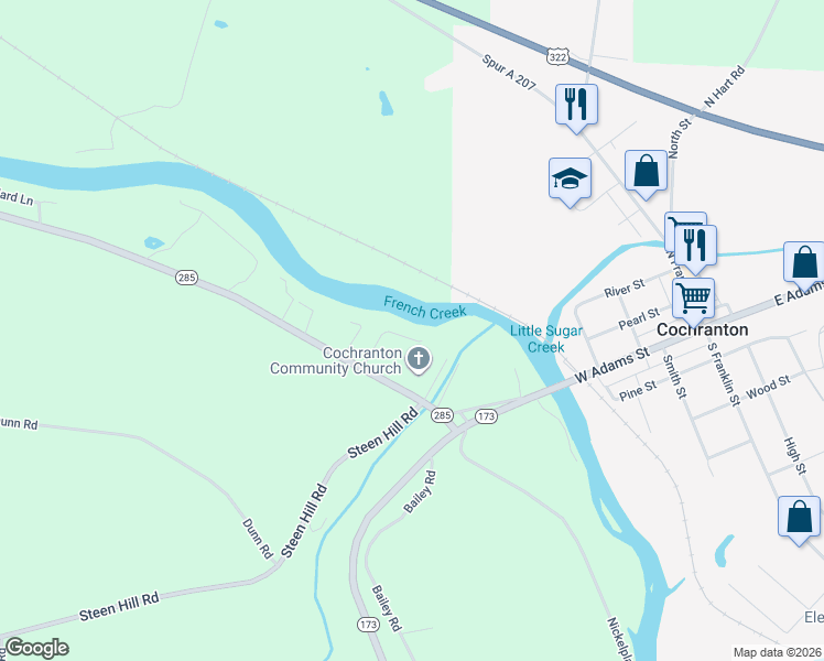 map of restaurants, bars, coffee shops, grocery stores, and more near 23874-23898 West Church Street in Cochranton