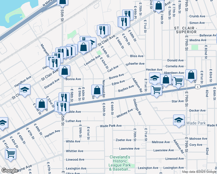 map of restaurants, bars, coffee shops, grocery stores, and more near 6518 Edna Avenue in Cleveland