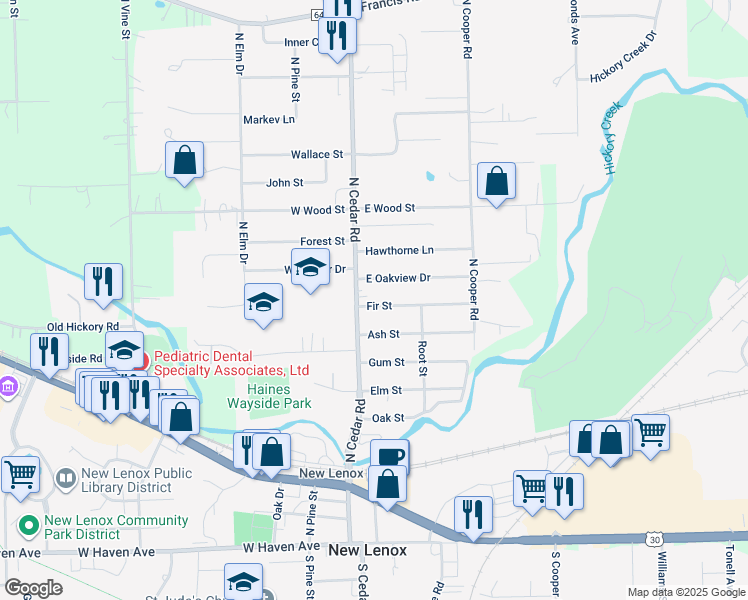 map of restaurants, bars, coffee shops, grocery stores, and more near 115 Fir Street in New Lenox