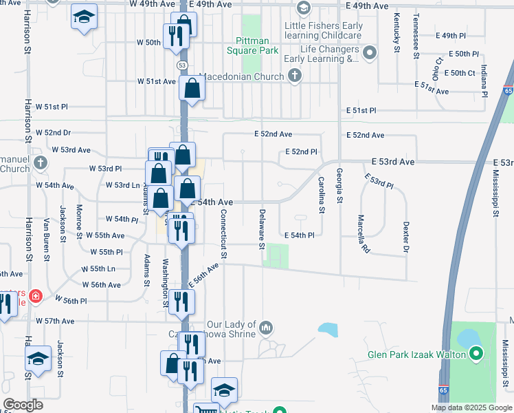 map of restaurants, bars, coffee shops, grocery stores, and more near 5400 Delaware Street in Merrillville