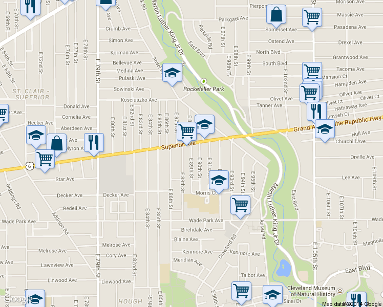 map of restaurants, bars, coffee shops, grocery stores, and more near 1319 E 89th St in Cleveland