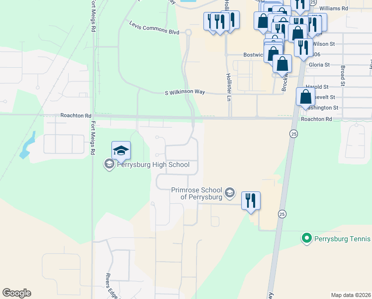 map of restaurants, bars, coffee shops, grocery stores, and more near 3173 Steeple Chase Lane in Perrysburg
