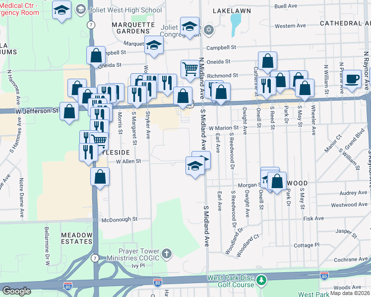 map of restaurants, bars, coffee shops, grocery stores, and more near 111 South Midland Avenue in Joliet