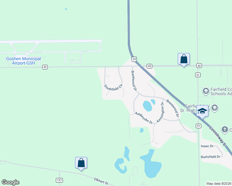 map of restaurants, bars, coffee shops, grocery stores, and more near 16568 Southfield Circle in Goshen