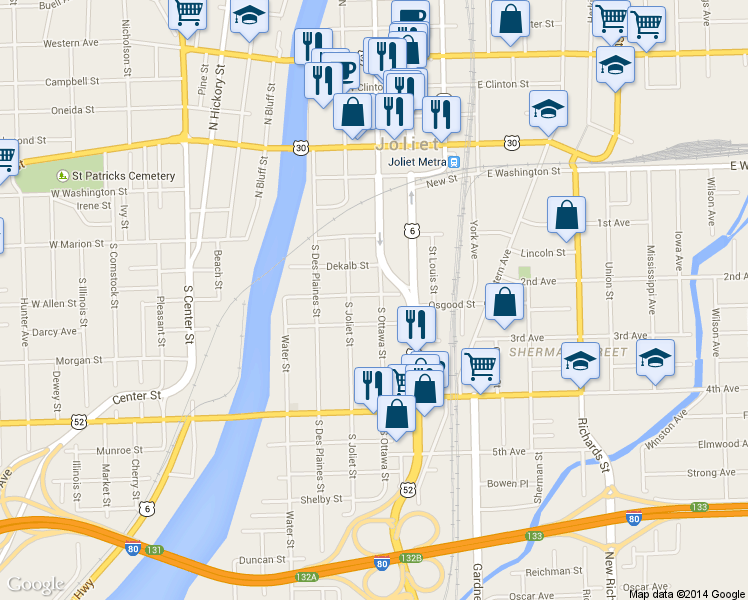 map of restaurants, bars, coffee shops, grocery stores, and more near 201 S Ottawa St in Joliet