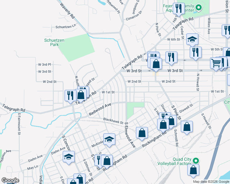 map of restaurants, bars, coffee shops, grocery stores, and more near 2499 W 1st St in Davenport