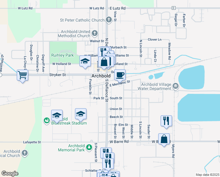 map of restaurants, bars, coffee shops, grocery stores, and more near 104 South Defiance Street in Archbold