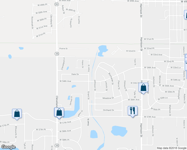 map of restaurants, bars, coffee shops, grocery stores, and more near 5360 johnson Street in Merrillville