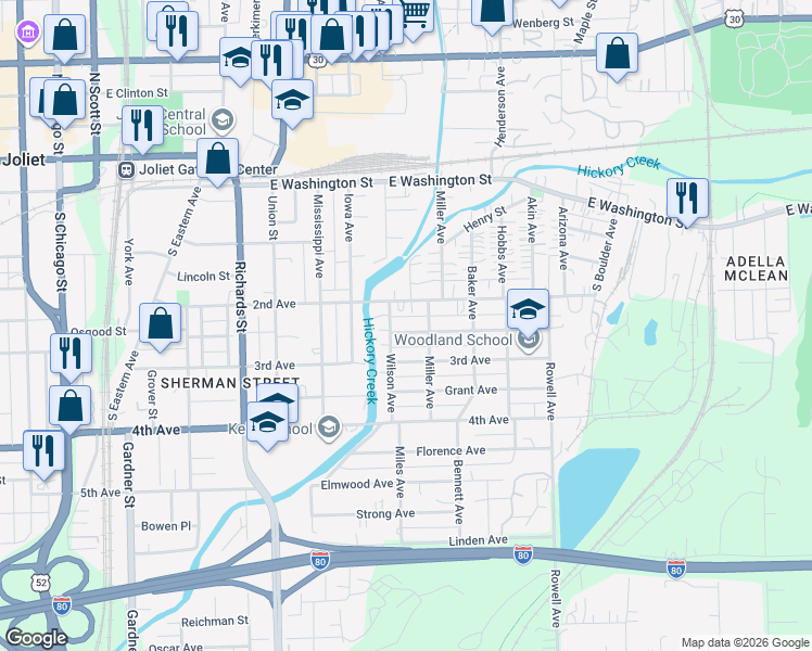 map of restaurants, bars, coffee shops, grocery stores, and more near 507 Whitley Avenue in Joliet