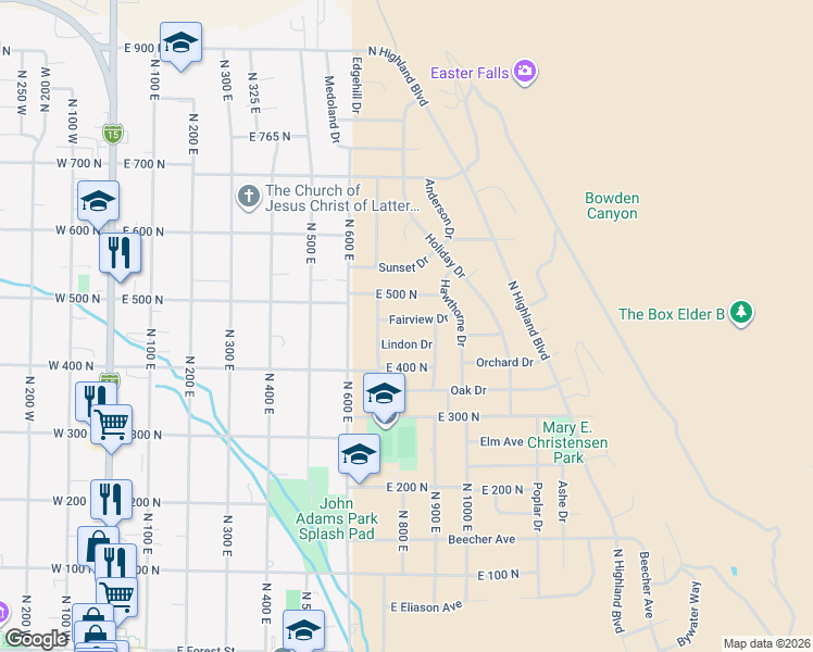 map of restaurants, bars, coffee shops, grocery stores, and more near 734 Fairview Drive in Brigham City
