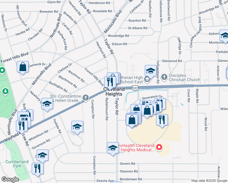 map of restaurants, bars, coffee shops, grocery stores, and more near in Cleveland Heights