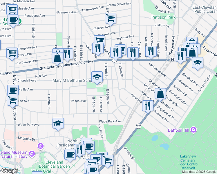 map of restaurants, bars, coffee shops, grocery stores, and more near 1399 East 120th Street in Cleveland
