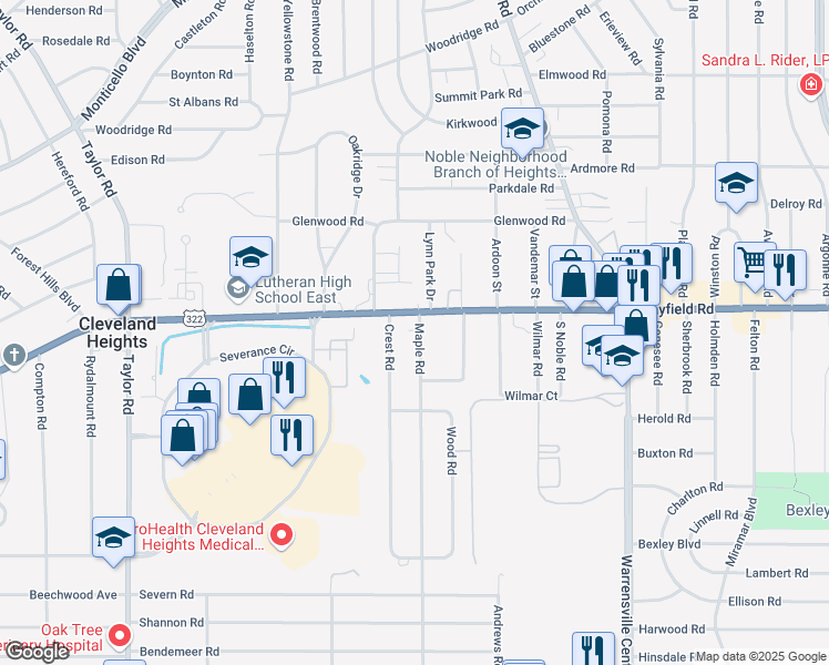 map of restaurants, bars, coffee shops, grocery stores, and more near 1462 Maple Road in Cleveland Heights