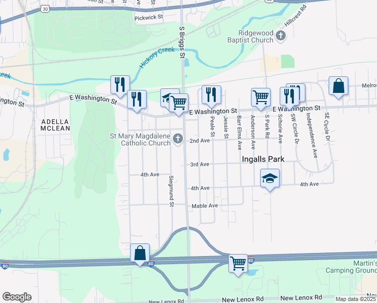 map of restaurants, bars, coffee shops, grocery stores, and more near 210 South Briggs Street in Joliet