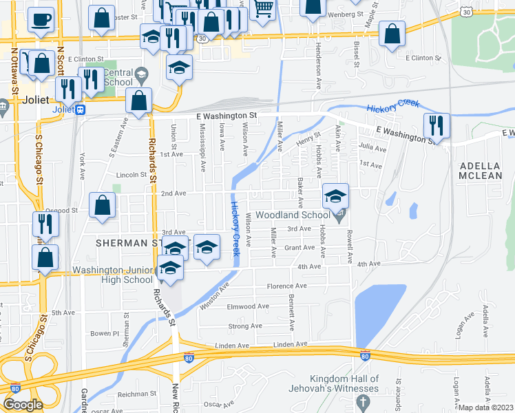 map of restaurants, bars, coffee shops, grocery stores, and more near 507 Whitley Avenue in Joliet