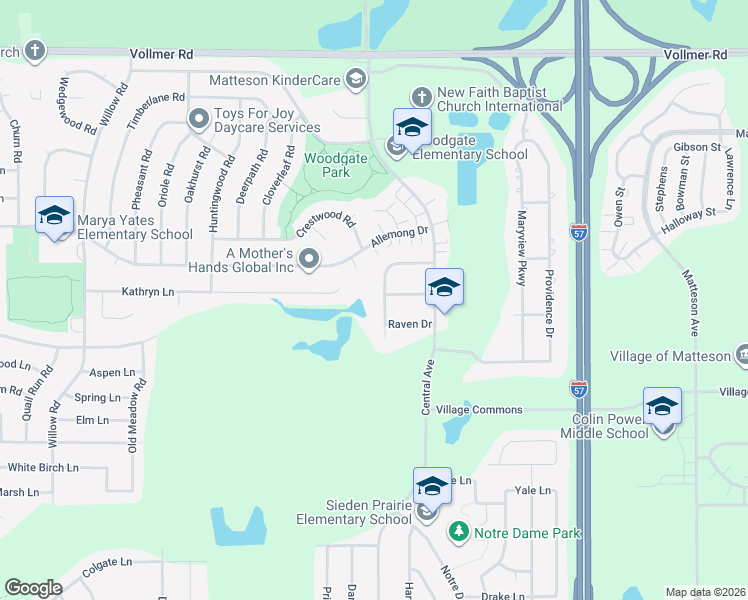 map of restaurants, bars, coffee shops, grocery stores, and more near 5626 Feather Creek Road in Matteson