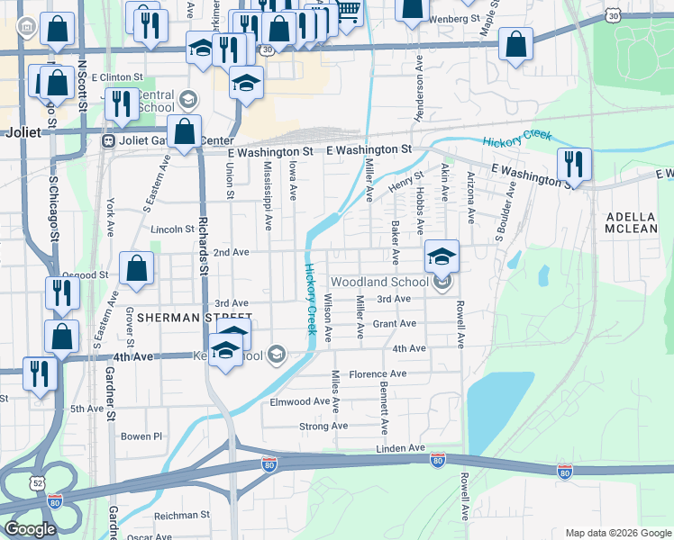 map of restaurants, bars, coffee shops, grocery stores, and more near 505 Whitley Avenue in Joliet