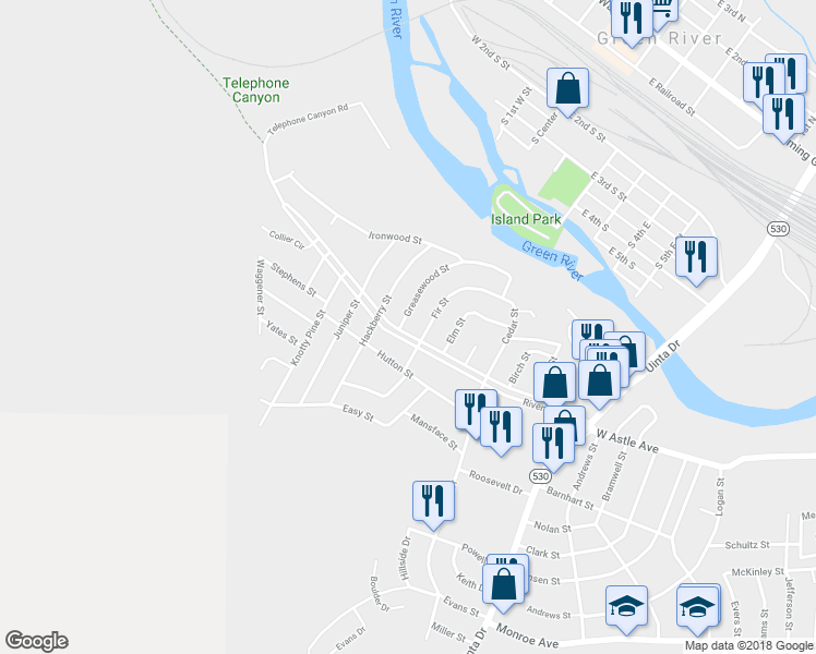 map of restaurants, bars, coffee shops, grocery stores, and more near 390 Greasewood Street in Green River