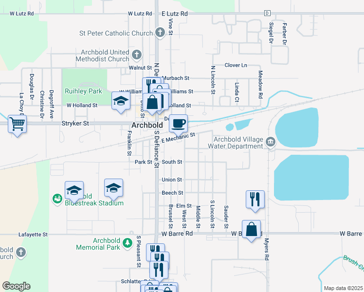 map of restaurants, bars, coffee shops, grocery stores, and more near 105 West Street in Archbold