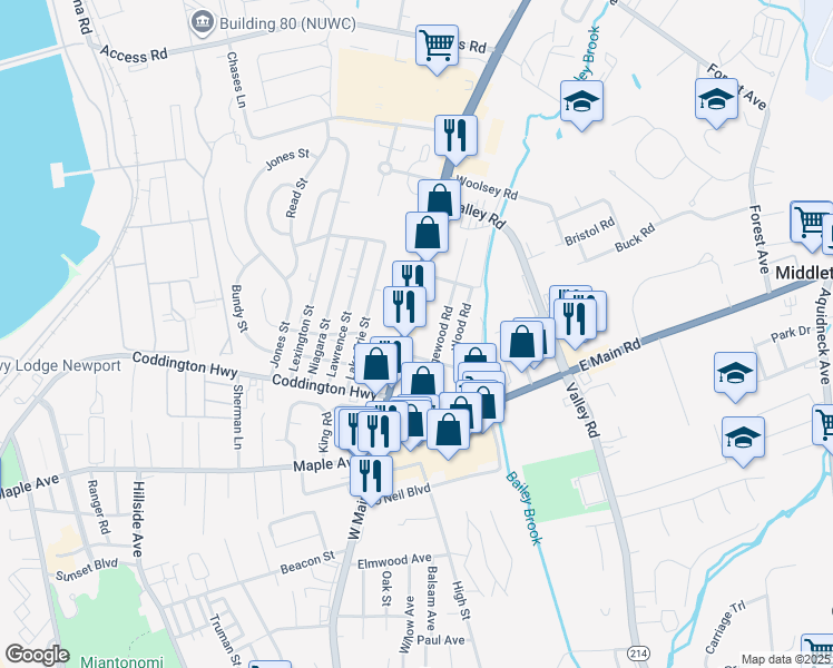 map of restaurants, bars, coffee shops, grocery stores, and more near 641 West Main Road in Middletown