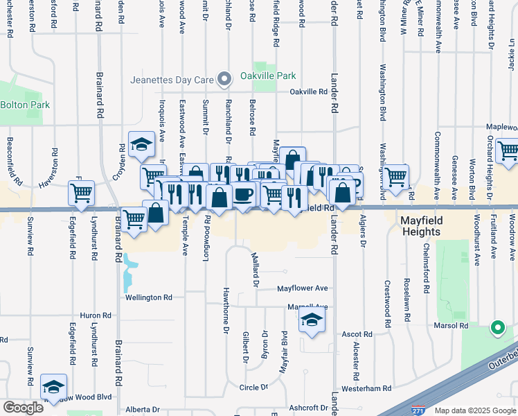 map of restaurants, bars, coffee shops, grocery stores, and more near 5868 Mayfield Road in Mayfield Heights
