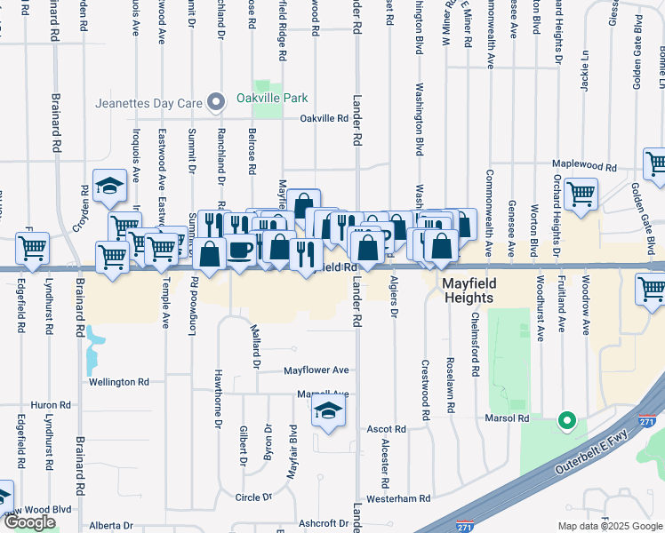 map of restaurants, bars, coffee shops, grocery stores, and more near Mayfield Road in Mayfield Heights
