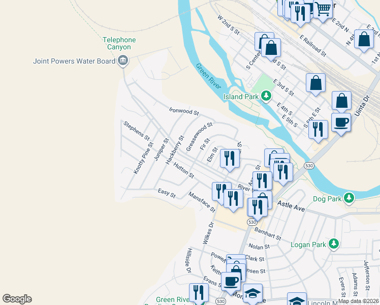 map of restaurants, bars, coffee shops, grocery stores, and more near 390 Greasewood Street in Green River