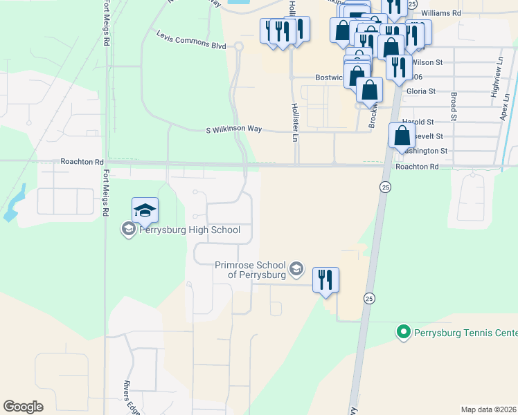 map of restaurants, bars, coffee shops, grocery stores, and more near 1557 Horseshoe Bend Dr in Perrysburg