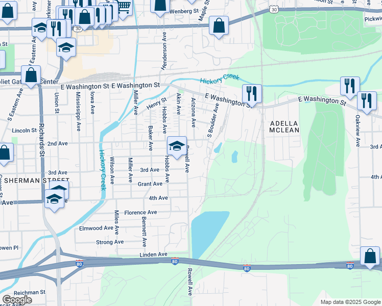 map of restaurants, bars, coffee shops, grocery stores, and more near 216 Rowell Avenue in Joliet