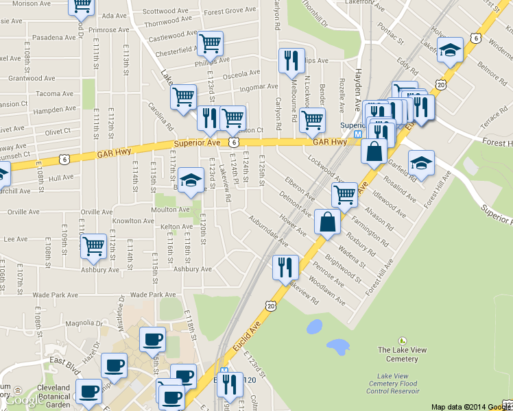 map of restaurants, bars, coffee shops, grocery stores, and more near 1404 East 125th Street in Cleveland