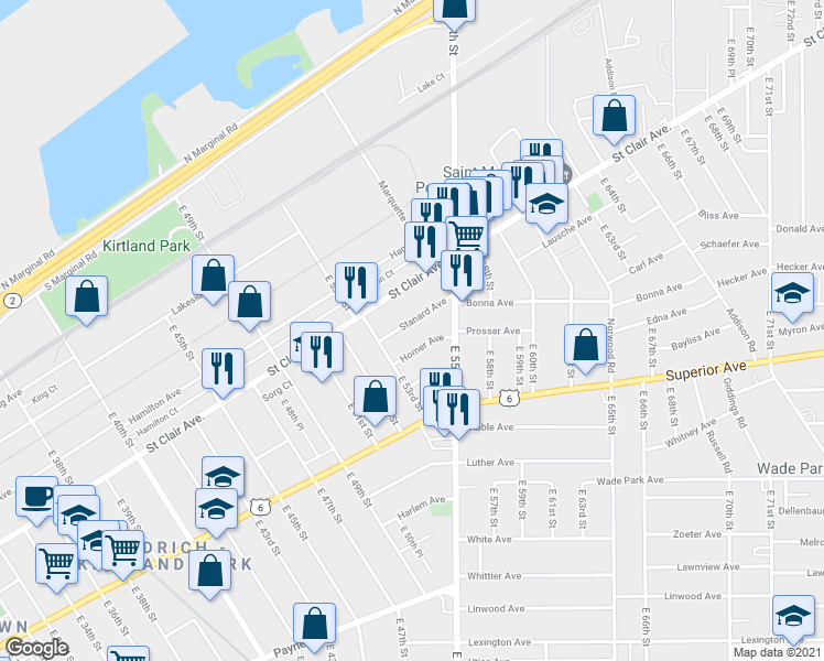 map of restaurants, bars, coffee shops, grocery stores, and more near 5368 Stanard Avenue in Cleveland