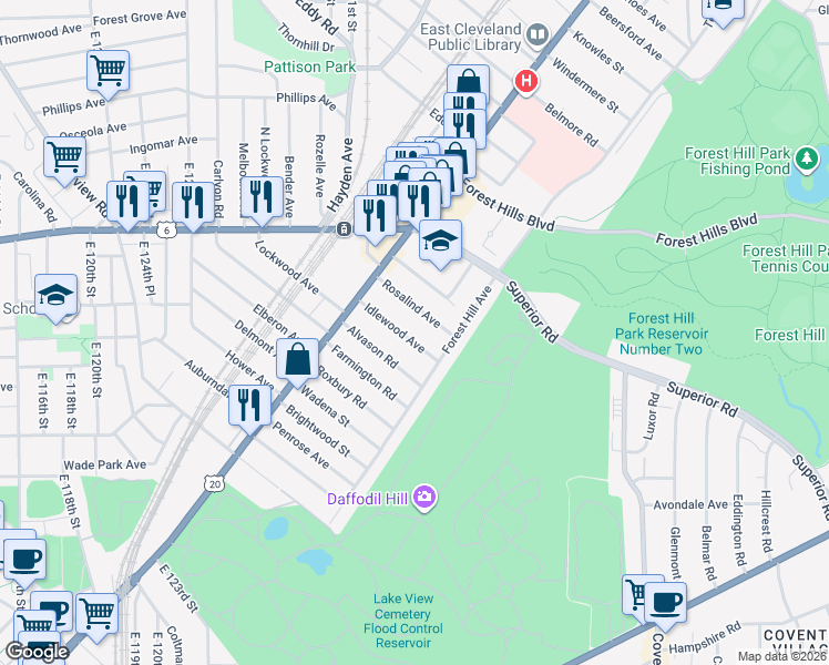 map of restaurants, bars, coffee shops, grocery stores, and more near 1865 Idlewood Avenue in East Cleveland