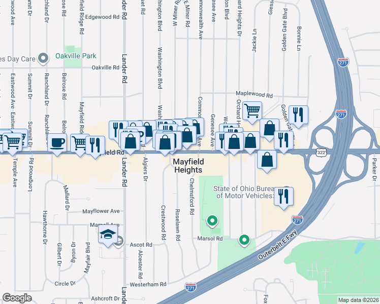 map of restaurants, bars, coffee shops, grocery stores, and more near 6154-6172 Mayfield Rd in Mayfield Heights