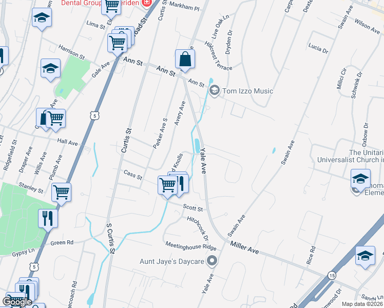 map of restaurants, bars, coffee shops, grocery stores, and more near 67 Westwood Knolls in Meriden