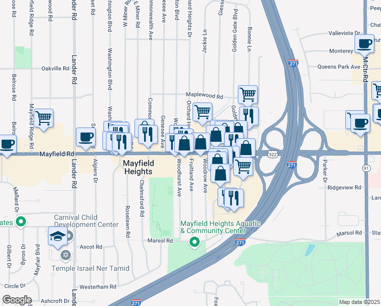 map of restaurants, bars, coffee shops, grocery stores, and more near 6268 Mayfield Road in Mayfield Heights