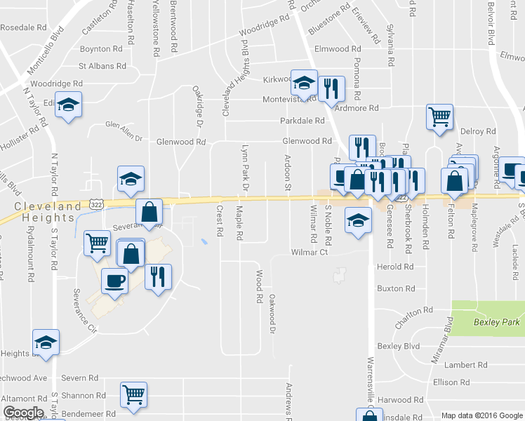 map of restaurants, bars, coffee shops, grocery stores, and more near 1468 Parkhill Road in Cleveland Heights