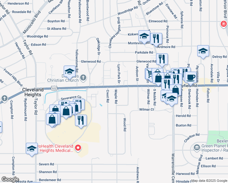 map of restaurants, bars, coffee shops, grocery stores, and more near 1462 Maple Road in Cleveland Heights