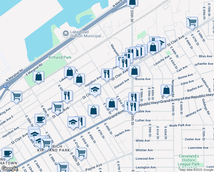 map of restaurants, bars, coffee shops, grocery stores, and more near 1368 East 53rd Street in Cleveland