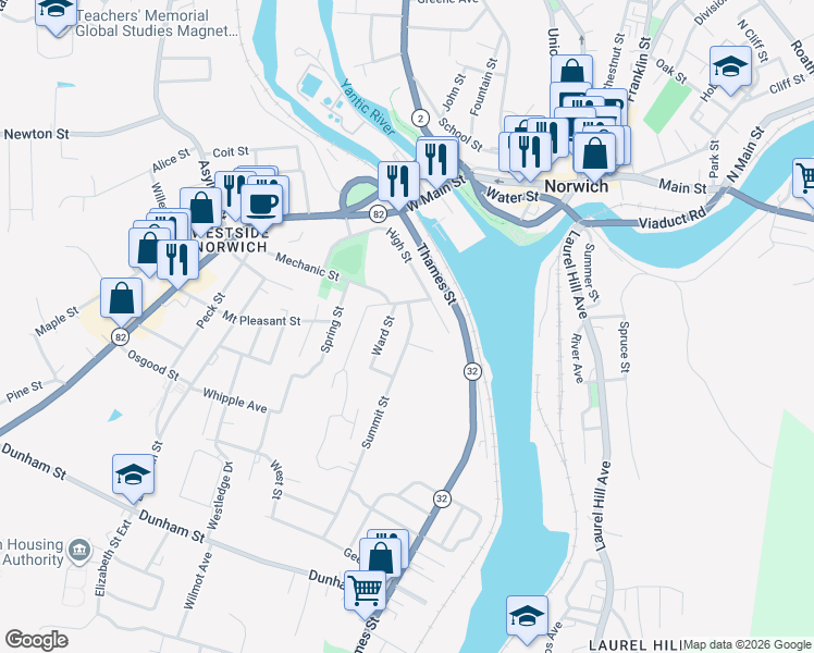 map of restaurants, bars, coffee shops, grocery stores, and more near 69 Summit Street in Norwich