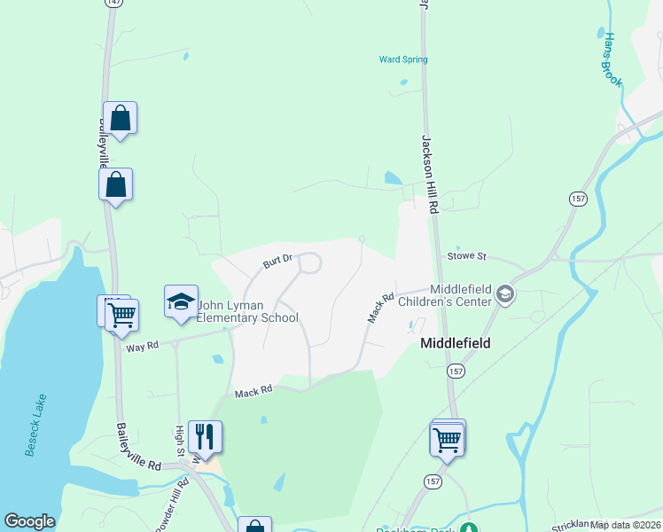 map of restaurants, bars, coffee shops, grocery stores, and more near 66 Burt Drive in Middlefield