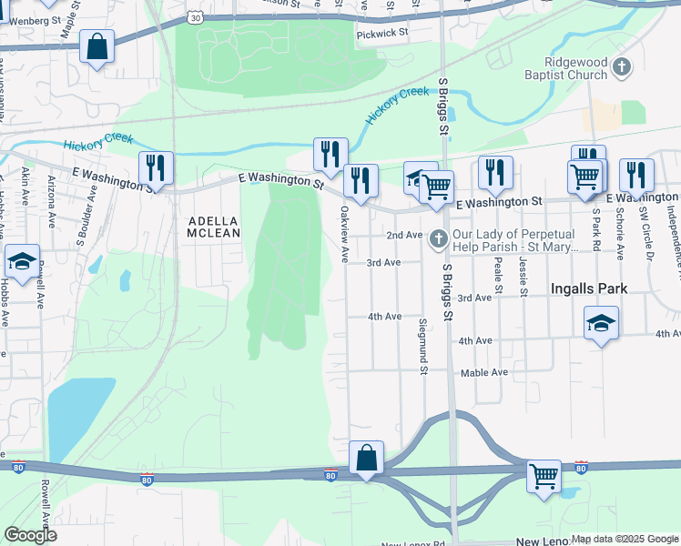 map of restaurants, bars, coffee shops, grocery stores, and more near 303 Oakview Avenue in Joliet