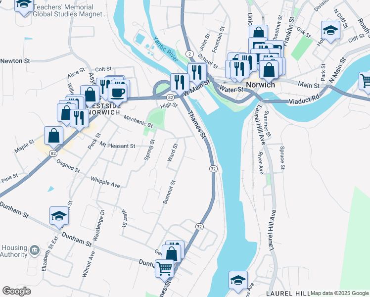 map of restaurants, bars, coffee shops, grocery stores, and more near 57 Summit Street in Norwich