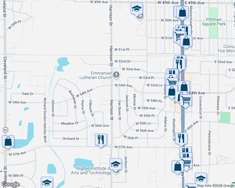 map of restaurants, bars, coffee shops, grocery stores, and more near 5454 Van Buren Street in Merrillville