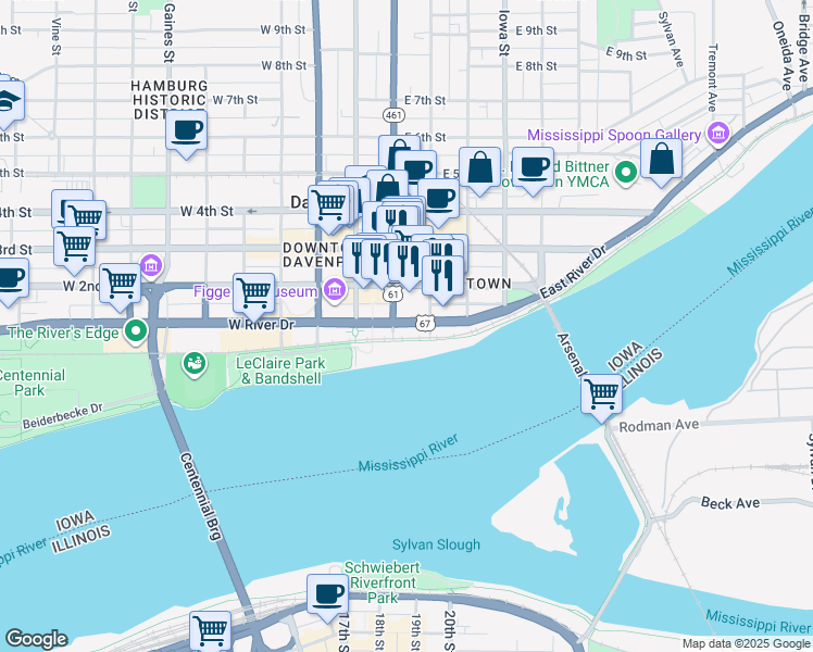map of restaurants, bars, coffee shops, grocery stores, and more near 101 West River Drive in Davenport