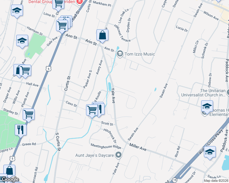 map of restaurants, bars, coffee shops, grocery stores, and more near 20 Cobblestone Lane in Meriden